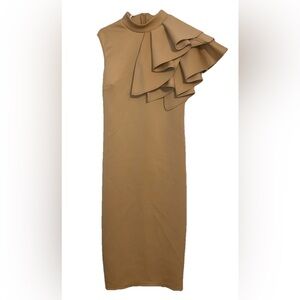 Women Size Medium Beige Sleeveless Ruffled Sheath Dress Cocktail